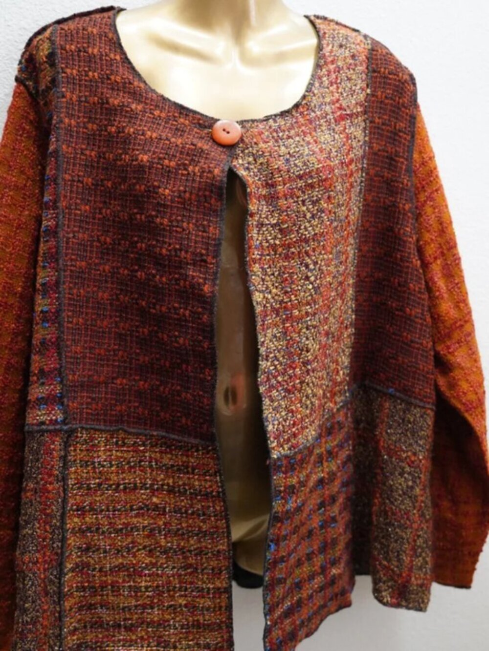 Coldwater Creek Rust Red Patchwork Boucle Tweed Cardigan Sweater size XL